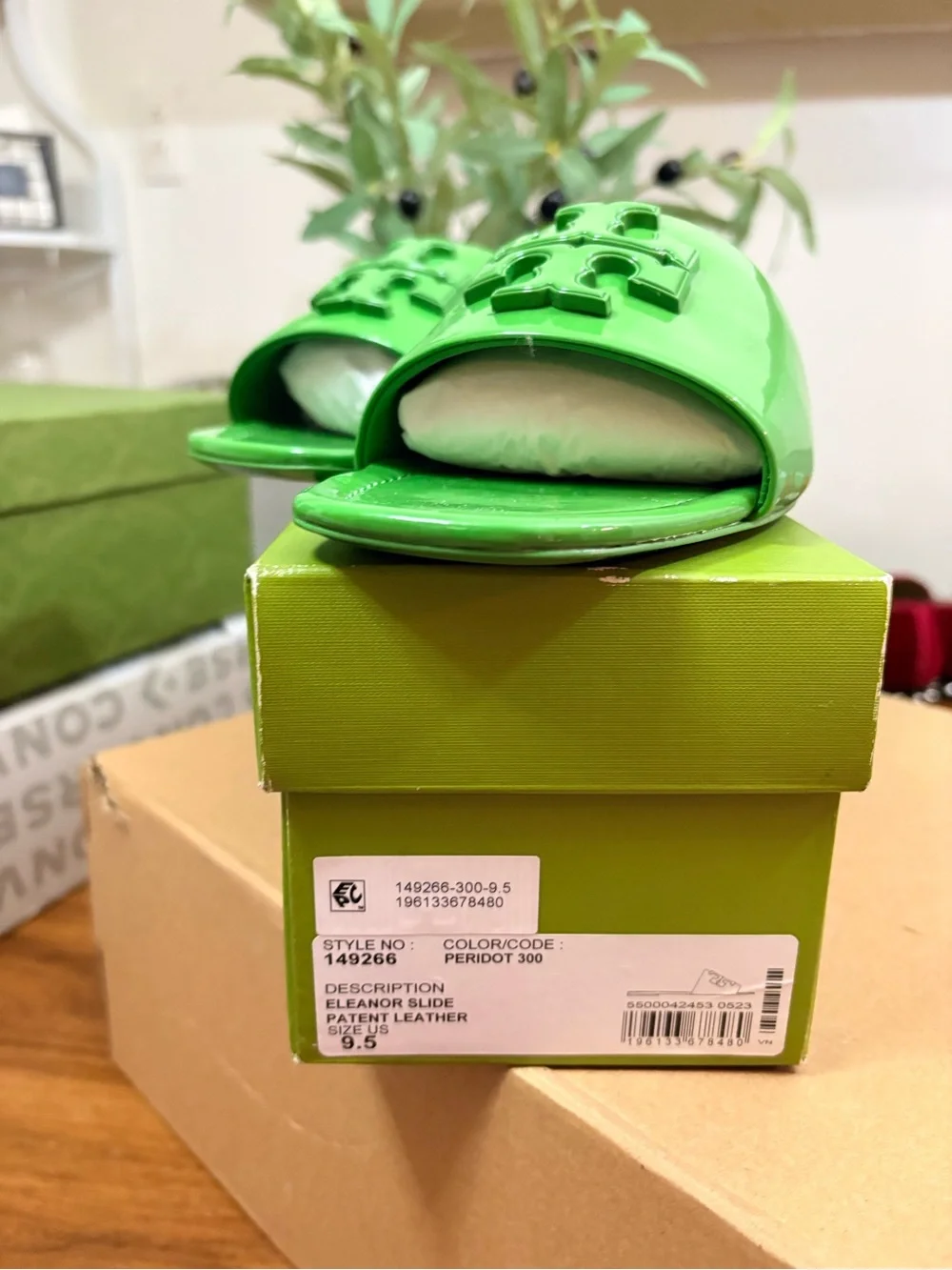 Tory Burch Neon Green Patent Logo Slide Sandals
